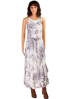 Calvin Klein Floral Maxi Dress Size 14 Layered Chiffon Tie Waist